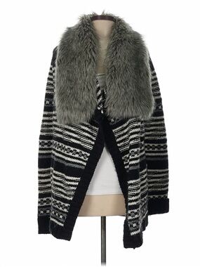 Express Black & Gray Patterned Open-Front Cardigan with Faux Fur Collar
